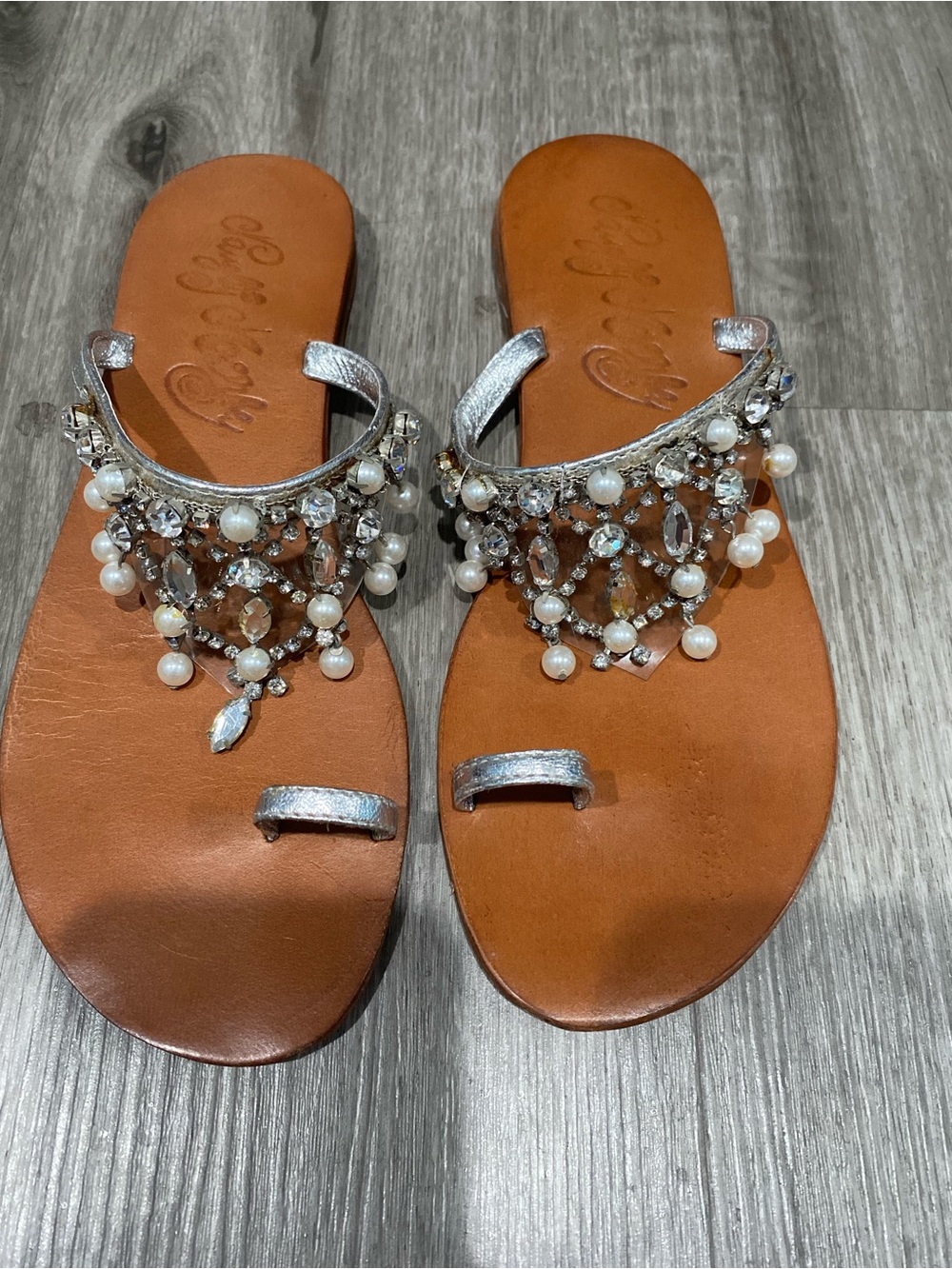 Nordstrom Silver Pearl & Crystal Embellished Toe-Ring Sandals